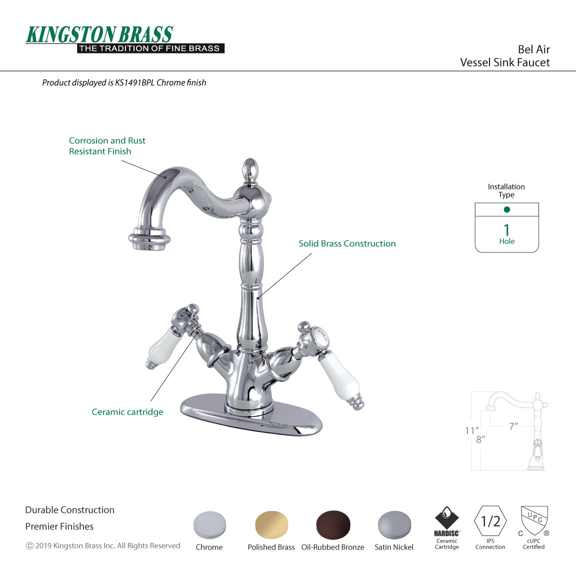 Kingston Heirloom KS1495BPL - Bel-Air Two-Handle 1-or-3 Hole Deck Mount Vessel Faucet, Oil Rubbed Bronze — thumbnail 3